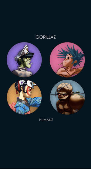 四個Gorillaz樂團成員的圓形肖像，帶有「GORILLAZ」和「HUMANZ」文字。 — 大猩猩 壁紙