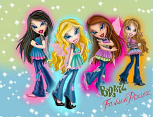 四個穿著色彩繽紛服裝的 Bratz Pixiez 角色，帶有發光光環和閃光。 — 娃娃 壁紙