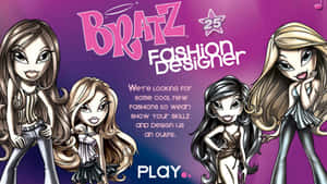 Bratz 公仔以時尚姿勢展示遊戲廣告，附有「Play」按鈕。 — Bratz 美學 GIF 壁紙