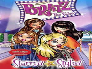 四個 Bratz 公仔在星光點點的帳篷標誌下在紅地毯上擺姿勢。 — Bratz 美學 GIF 壁紙