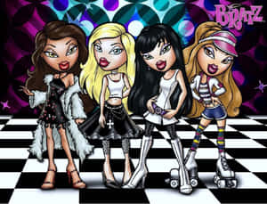 四個穿著時尚服裝的 Bratz 公仔在棋盤格地板上擺姿勢。 — Bratz 美學 GIF 壁紙