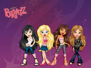 四個穿著時尚服裝的 Bratz 公仔在紫色星空背景前。 — Bratz 美學 GIF 壁紙