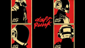 Daft Punk樂隊海報，四個頭盔肖像和紅色風格化文字。 — 嘻哈 壁紙