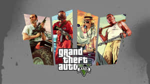 四個GTA V角色在灰色背景上手持武器，帶有遊戲標誌。 — 俠盜獵車手V 壁紙