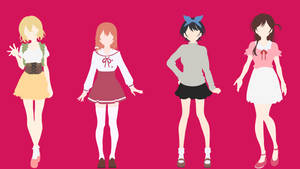 四個動漫女孩穿著不同的服裝，站在粉紅色背景前。 — 可愛動漫女孩 壁紙
