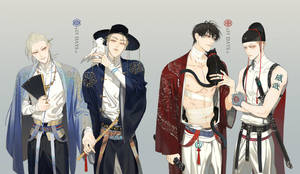 四個穿著傳統中國服飾的動漫男子手持鳥類和武器。