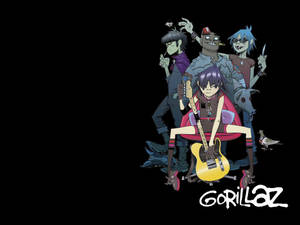 Gorillaz 動畫樂隊角色，手持吉他和武器，在黑色背景上。 — 大猩猩 壁紙