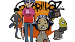 Gorillaz 樂團成員以卡通風格呈現，背景為塗鴉。 — 大猩猩 壁紙