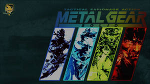 Metal Gear Solid 遊戲標誌，四個插圖士兵在彩色面板中。 — 潛龍諜影 壁紙