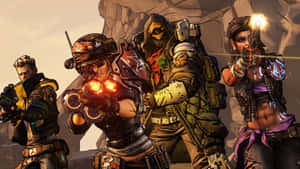 四個武裝角色在岩石環境中開火。 — 電玩遊戲 GIF 壁紙