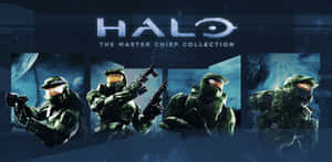 四名身穿綠色盔甲的Halo Master Chief戰士在星空太空背景下手持武器。 — 電玩遊戲 GIF 壁紙