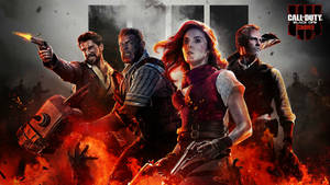 四名武裝倖存者在Call of Duty Black Ops Zombies的烈焰戰場上與殭屍作戰。 — 決勝時刻：黑色行動4 壁紙