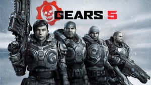四名裝甲士兵在雪地戰場上手持武器，帶有Gears 5標誌。 — 電玩遊戲 GIF 壁紙