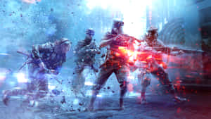 士兵在充滿霓虹燈的未來城市街道上開火。 — 電玩遊戲 GIF 壁紙