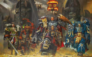 四名身穿奇幻戰鬥裝備的裝甲戰士，立於戰火摧殘的景觀中。 — 全軍破敵 戰錘 壁紙
