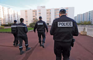四名警察在都市住宅區遠離鏡頭行走。 — 警察 GIF 壁紙