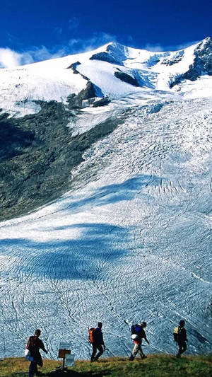 四名遠足者在積雪山脈附近的冰川上行走。 — 雪山 壁紙