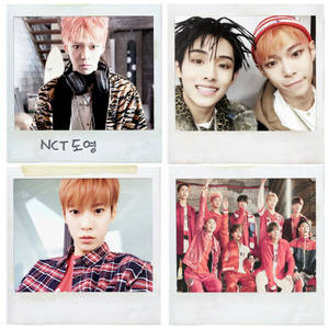 四張拍立得照片，K-pop偶像穿著色彩繽紛的服裝在室內擺姿勢。 — Nct 127 壁紙