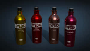 四支Svedka調味伏特加酒瓶，顏色為檸檬、櫻桃、蜜桃和覆盆子。 — 果汁世界 4K 壁紙