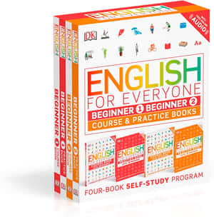 四本 English for Everyone 初學者書籍放在一個彩色盒子中，帶有圖標和音頻功能。 — 花園 壁紙