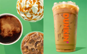四杯Dunkin'咖啡飲品，包括冰咖啡焦糖漩渦和冰咖啡，裝在透明杯中。 — Dunkin Donuts 壁紙