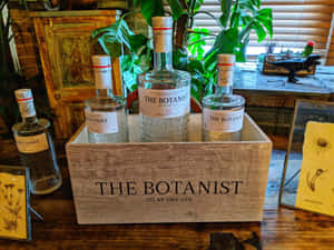 四瓶 The Botanist 琴酒放在木箱中，置於一張有植物和復古物品的木桌上。 — 植物美學 壁紙