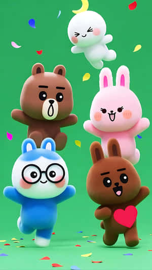 四隻卡通動物在綠色背景上用五彩紙屑慶祝。 — 可愛卡通 壁紙