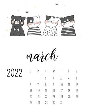 四隻卡通貓咪穿著服裝，從2022年3月日曆上方窺視，上方有蜘蛛。 — 三月 壁紙