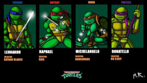 四隻忍者龜（Teenage Mutant Ninja Turtles）各自手持標誌性武器，下方有名字和武器類型。 — 烏龜 壁紙