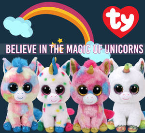 四隻色彩繽紛的毛絨獨角獸，帶有閃亮角和彩虹點綴。 — Beanie Boos 壁紙