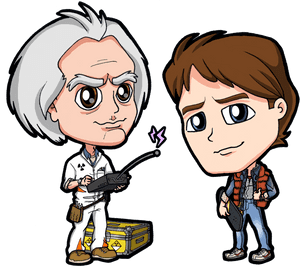 Doc Brown和Marty McFly以Q版卡通風格站在星空太空背景前。 — 歡迎回來 壁紙
