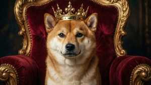 一隻戴著王冠的柴犬坐在皇家紅色天鵝絨王座上。 — 狗狗迷因 壁紙