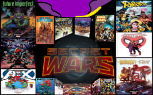 帶有中央標誌的Marvel Secret Wars漫畫封面拼貼畫。 — 漫威反派 壁紙