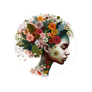 圓形設計中充滿色彩繽紛的花朵和綠色植物的女性側面。 — 抽象 壁紙