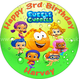 Bubble Guppies 角色在水下場景中慶祝 Harvey 的 3 歲生日。