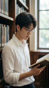 戴眼鏡的年輕男子在圖書館窗邊看書。 — 王一博 壁紙