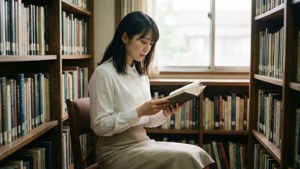 櫻島麻衣在圖書館閱讀的知性桌布。 — 櫻島麻衣 壁紙