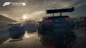 在《Forza Motorsport 7》中，賽車在潮濕的賽道上於下雨的黃昏飛馳。 — 電玩遊戲 GIF 壁紙