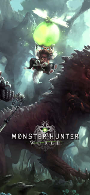 獵人在黑暗的洞穴遊戲場景中騎著發光的綠色魔物。 — iPhone 16 壁紙