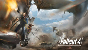 避難所居民和狗在Fallout 4廢土中與飛行無人機戰鬥。 — 異塵餘生4 壁紙