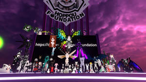 在發光燈光下，紫色天空的數位活動中的動漫頭像。 — Vrchat 壁紙