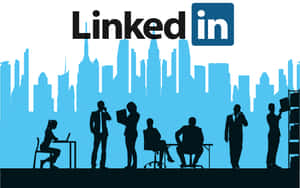 在帶有城市天際線和LinkedIn標誌的辦公室中工作的商業專業人士的剪影。 — 矢量藝術 壁紙