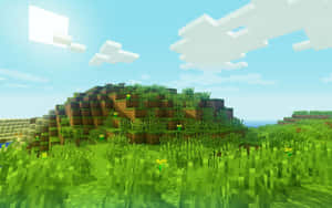 在Minecraft中，藍天白雲下的方塊綠色山丘，上面有花。 — 我的世界 壁紙