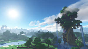 一個Minecraft景觀，有高大的樹木、瀑布和一個在明亮陽光下的村莊。 — 我的世界 壁紙