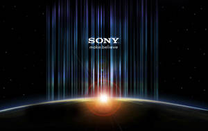 Sony標誌在星球上方，日出時有發光的光束和星星。 — Sony 壁紙