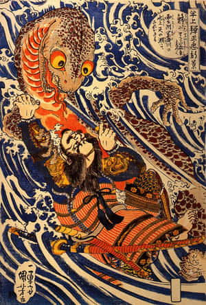 武士在暴風雨的海浪中與海怪戰鬥，日本木版畫。 — 日式 壁紙