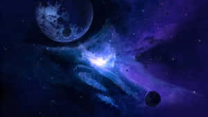 在深空中被行星環繞的發光藍紫色星雲。 — 藍色銀河 壁紙