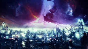 在色彩繽紛的宇宙天空下，未來主義的城市天際線夜景。 — 高譚 壁紙