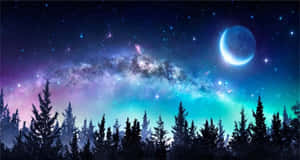 星空下的森林樹木，伴隨著發光的彎月和色彩繽紛的星雲。 — 美學天空 壁紙