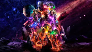 漫威超級英雄和反派在宇宙戰鬥場景中的合奏，帶有發光效果。 — 4K Marvel 壁紙